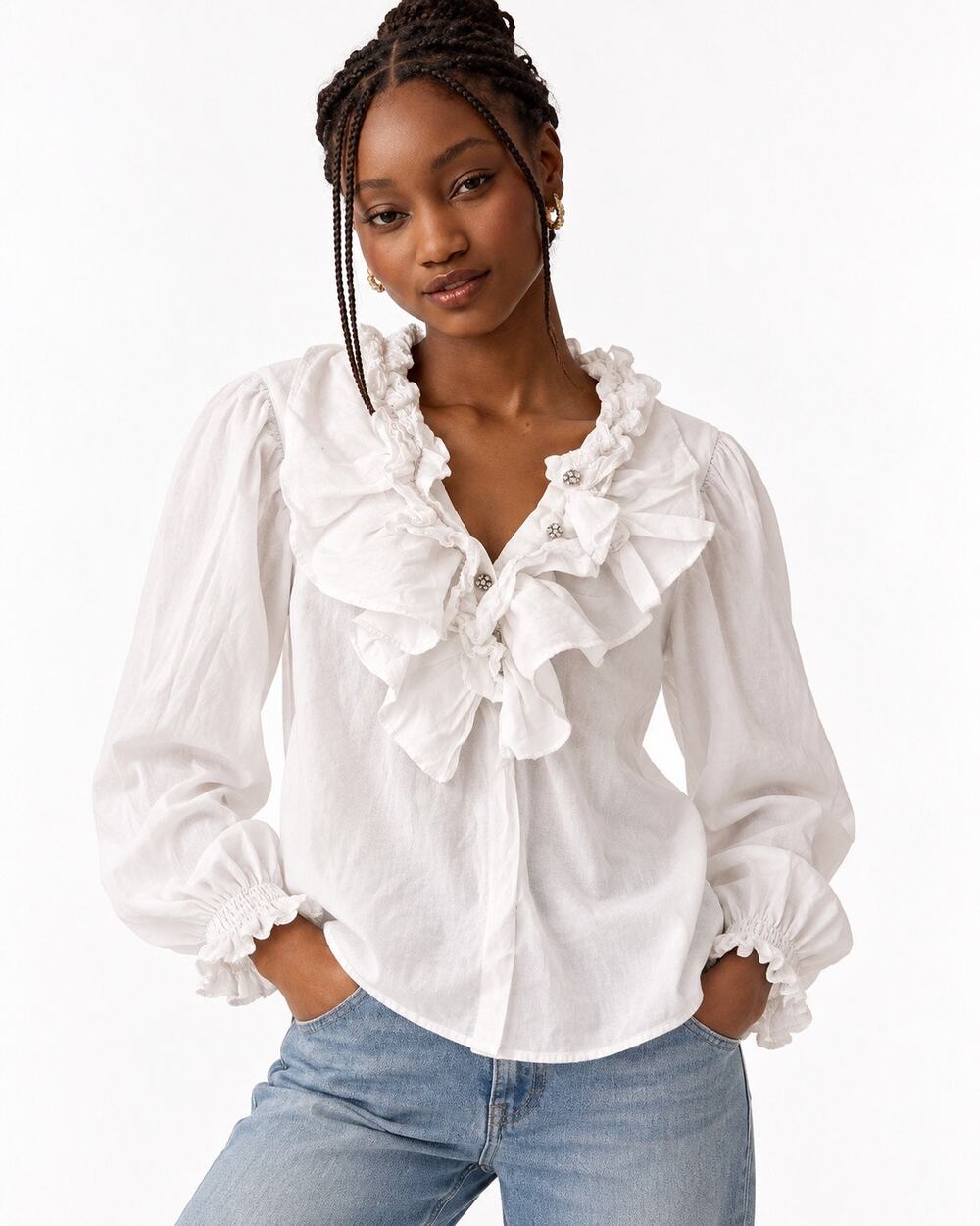 Romantic Peasant Ruffled Bohemian Bedazzled Buttons Zara Long Sleeve Blouse